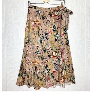 ZARA Linen Floral Midi Ruffle Wrap Skirt